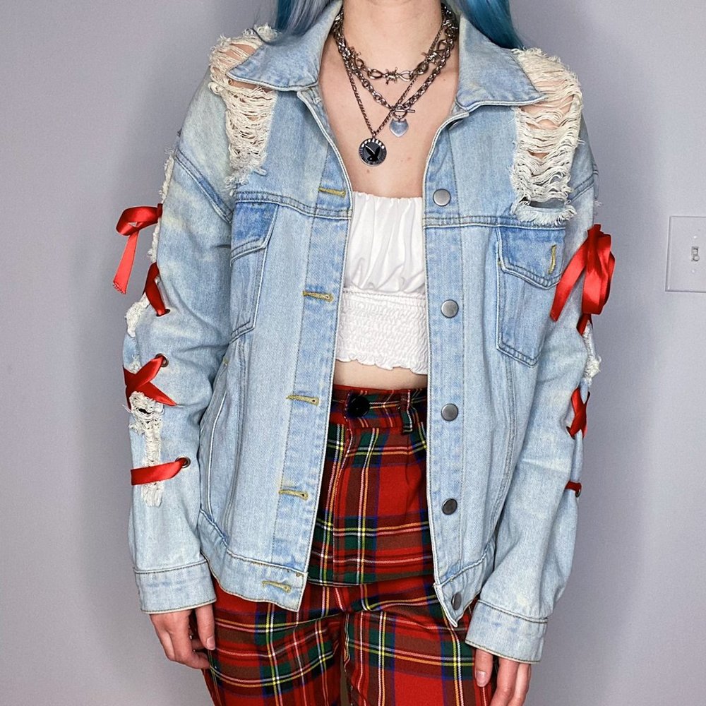 Denim Jacket with Lace Up Sleeve Detail